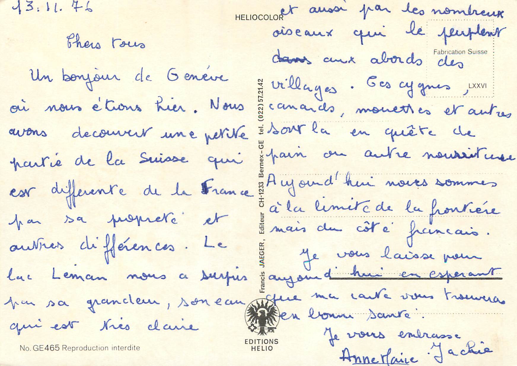 CPM Souvenir de Geneve  — Verso