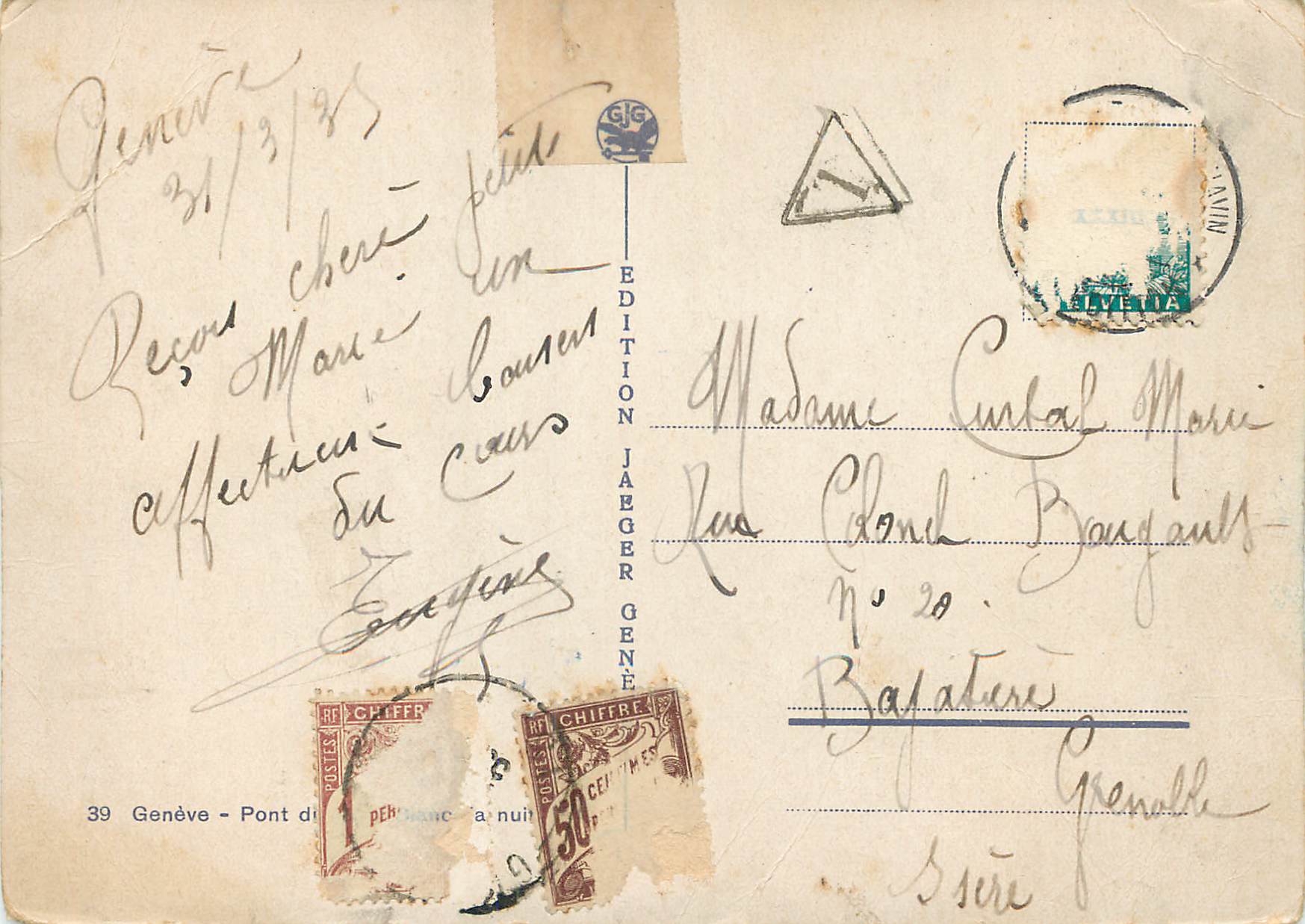 Genève - Pont du Mont-Blanc, la nuit — Édition Jaeger Genève, n° 39 — Verso