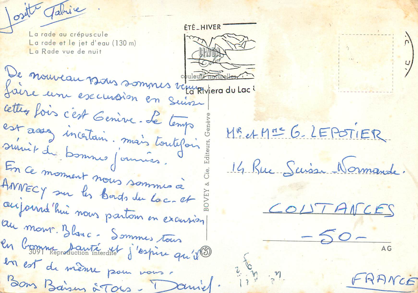 CPM Geneve La rade au crepuscule La rade et le jet d eau  — Verso