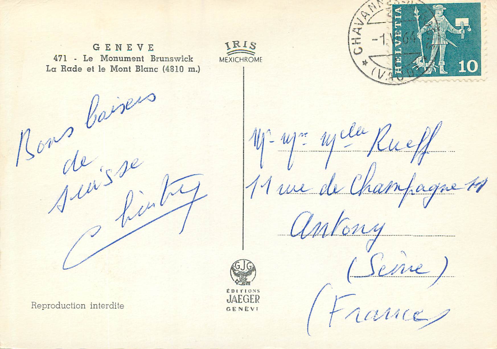 CPM Geneve Le monument Brunswick La rade et le Mont Blanc  — Verso