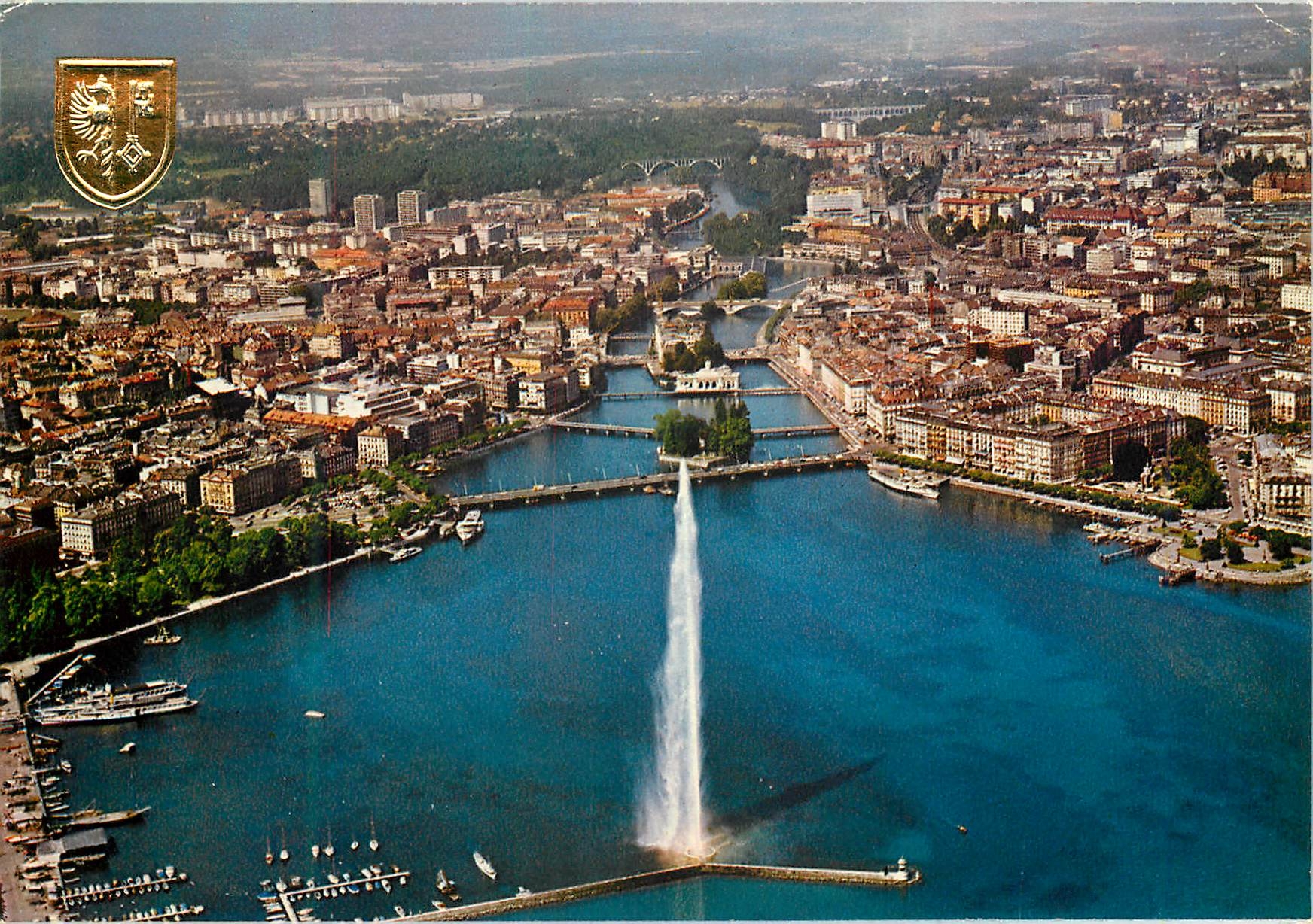 CPM Geneve Vue aerienne du jet d eau et des Ponts sur le rhone 