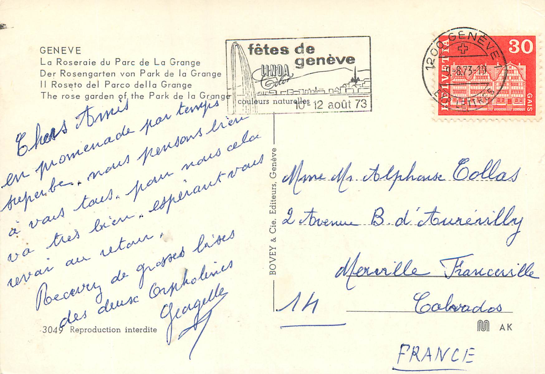 CPM Geneve La Roseraie du Parc de La Grange  — Verso
