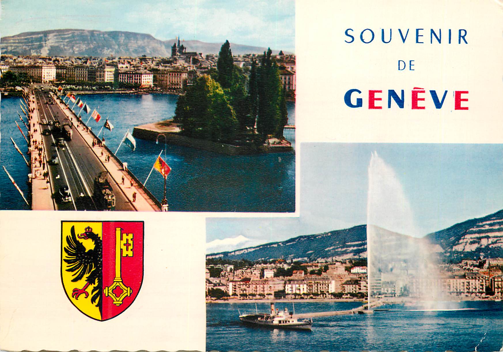CPM Geneve Pont du Mont Blanc et Ile Jean Jacques Rousseau La Rade et le Jet d Eau 