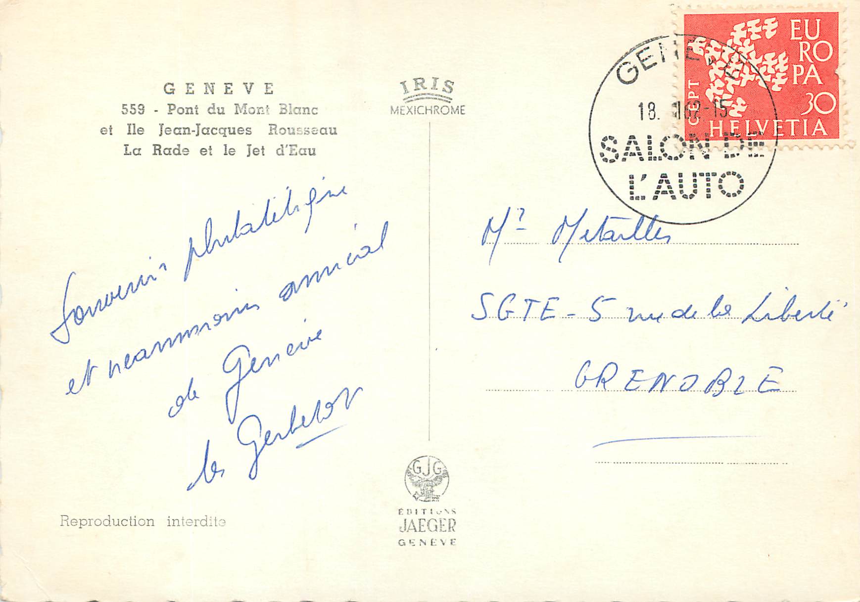 CPM Geneve Pont du Mont Blanc et Ile Jean Jacques Rousseau La Rade et le Jet d Eau  — Verso