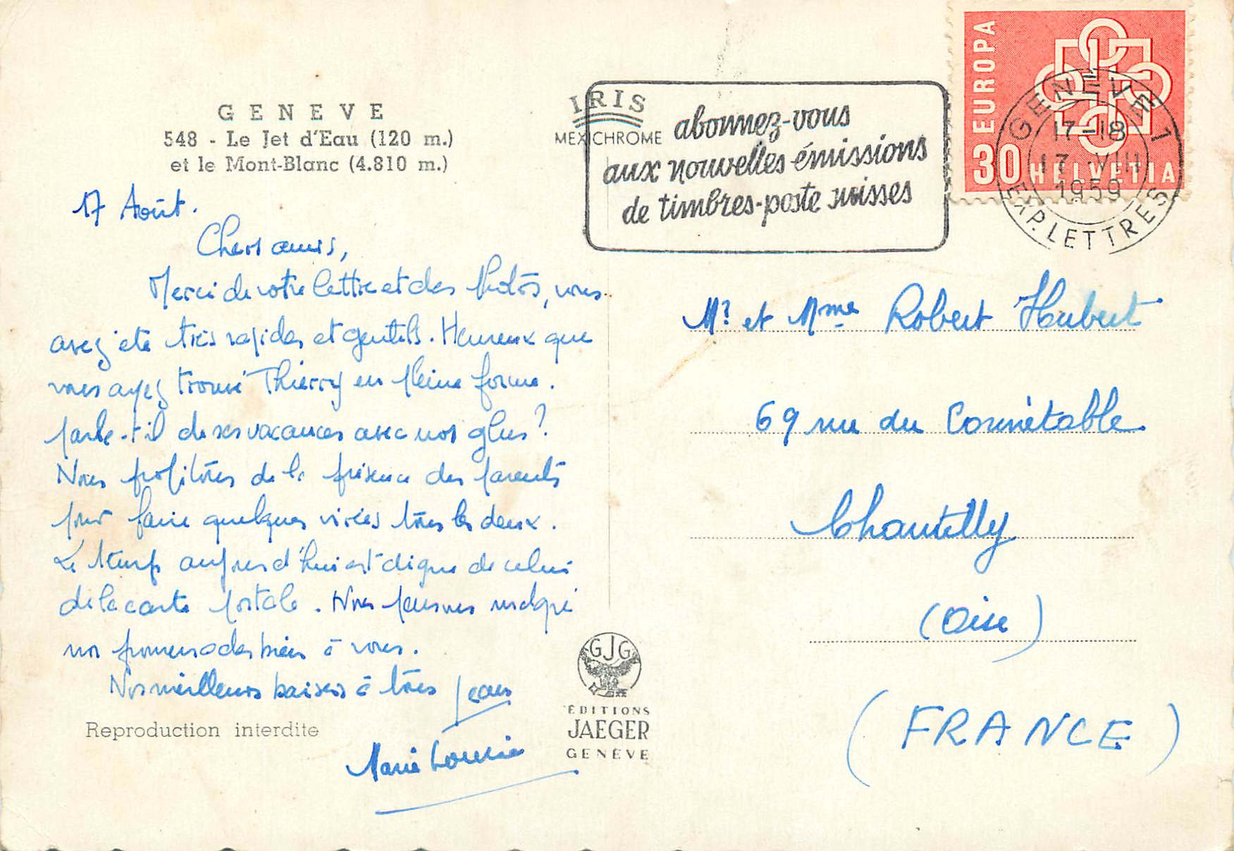 CPM Geneve Le Jet d Eau et le Mont Blanc  — Verso