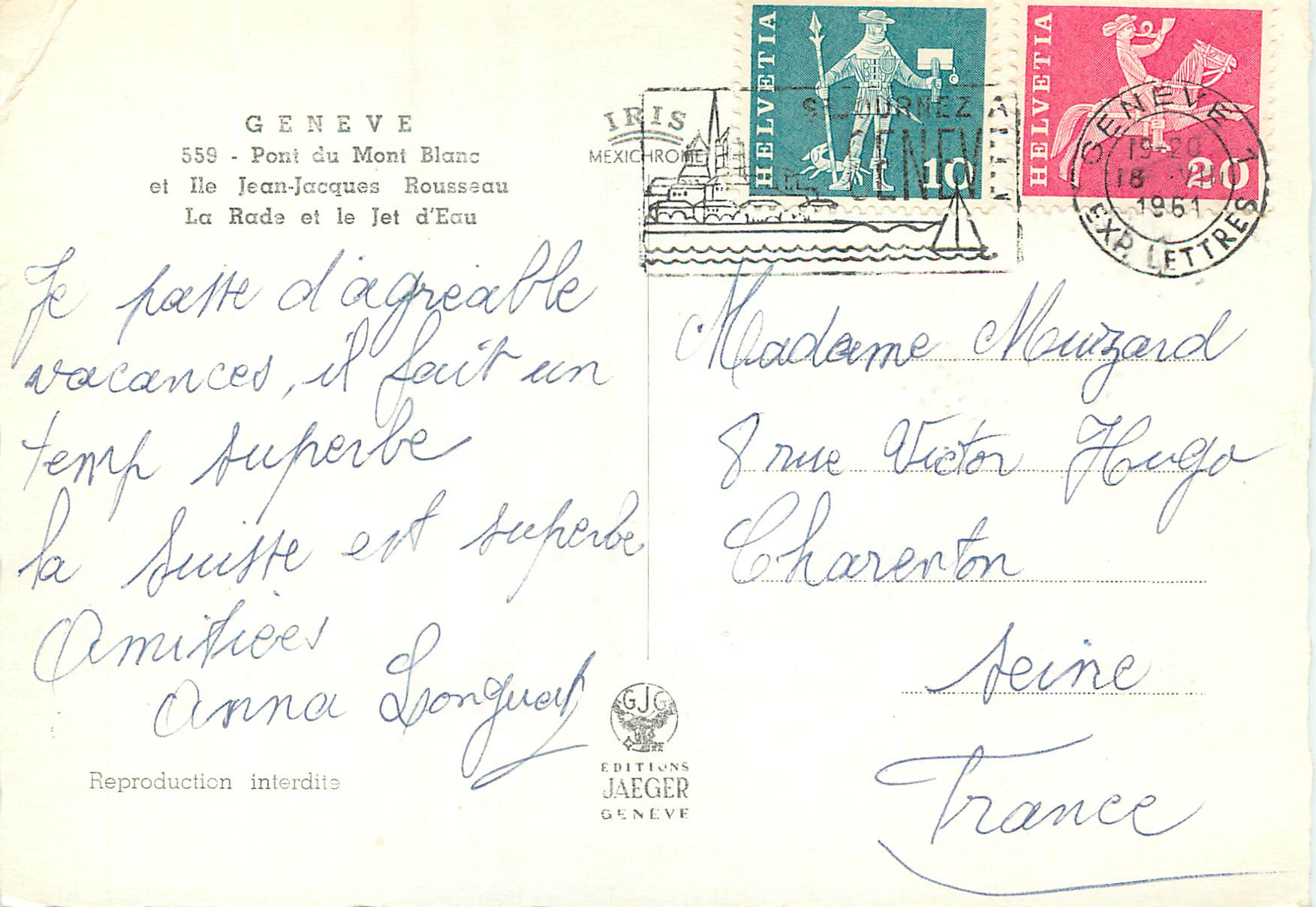 CPM Geneve Pont du Mont Blanc et Ile Jean Jacques Rousseau La Rade et le Jet d Eau  — Verso