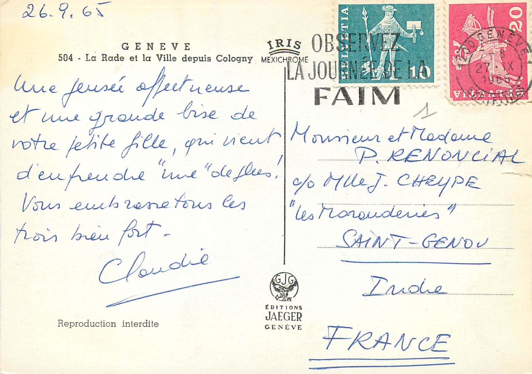 CPM Geneve La Rade et la Ville depuis Cologny  — Verso