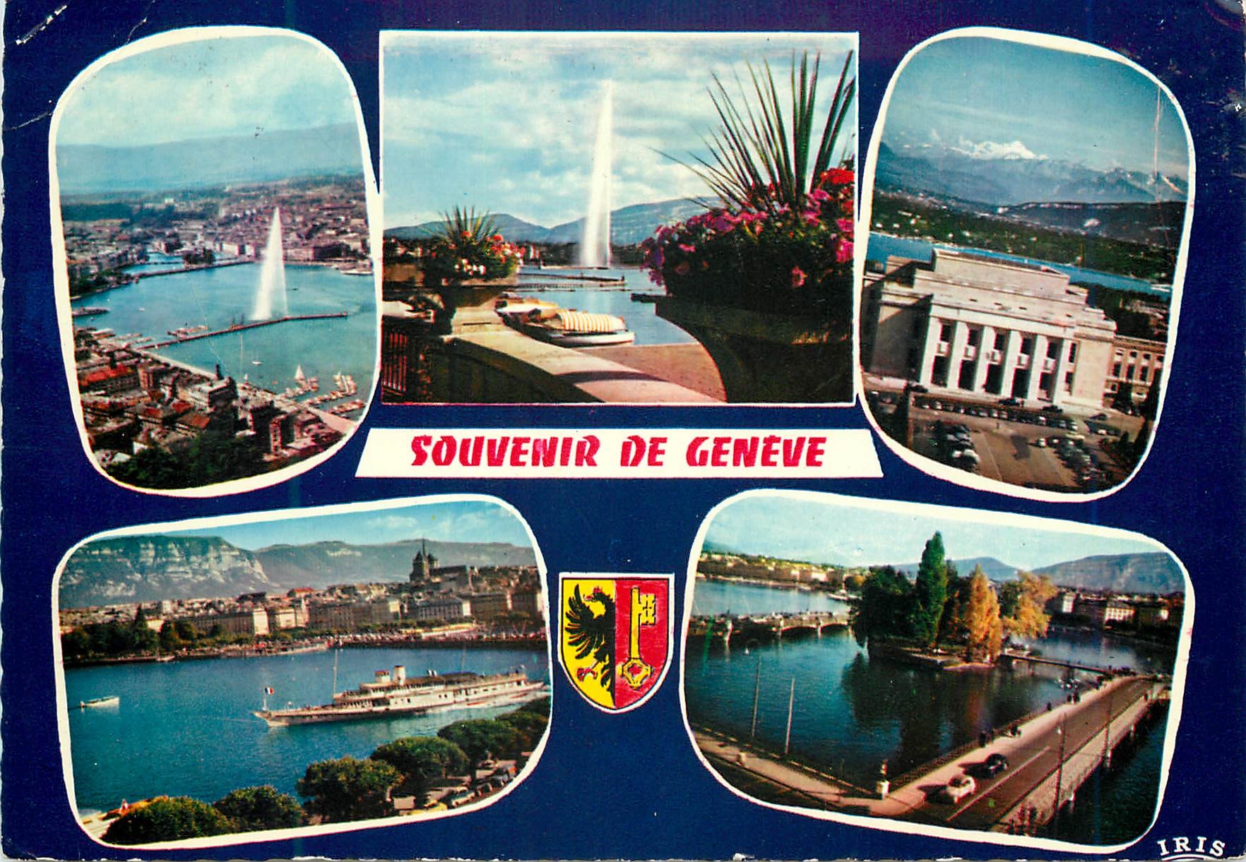 CPM Geneve Vue aerienne Le Jet d Eau Le palais des Nations 
