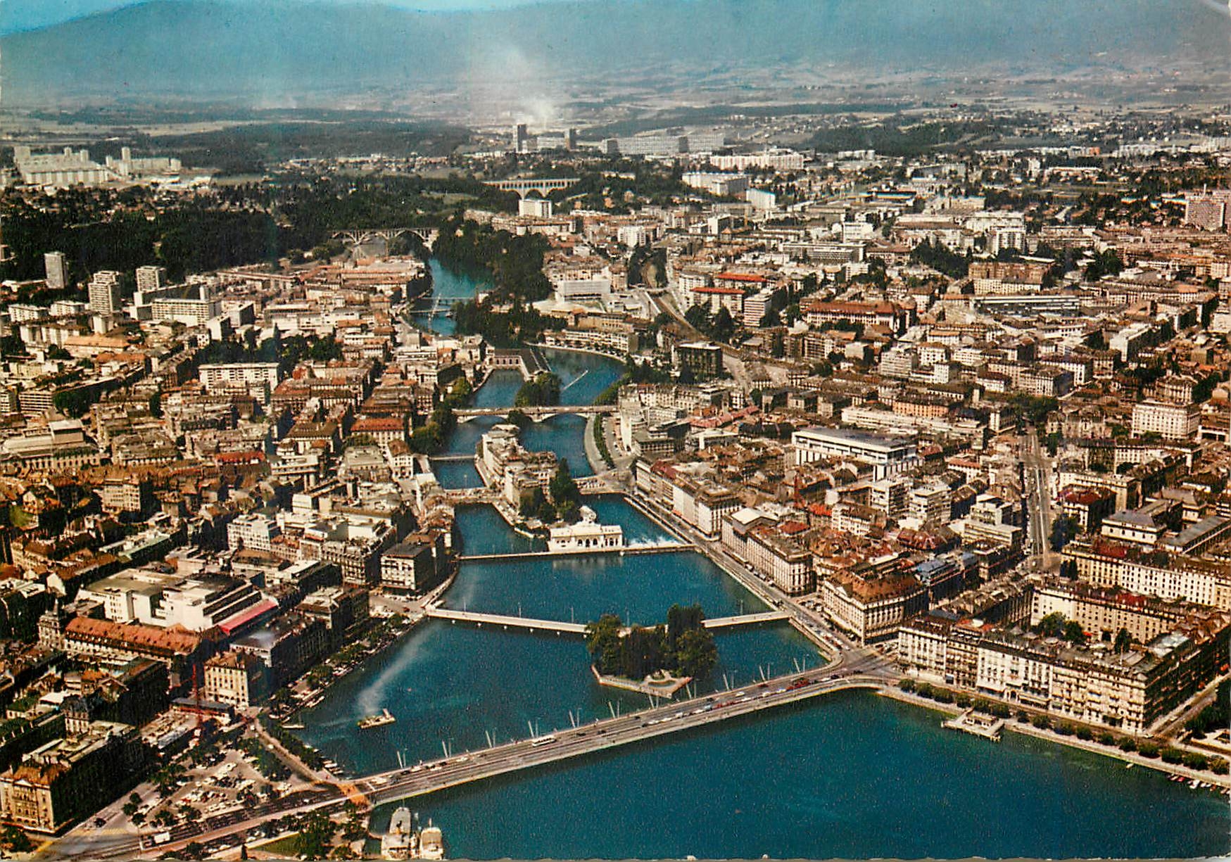 CPM Geneve Pont du Mt Blanc pont des Bergues Ile JJ Rousseau Pont de la Machine 