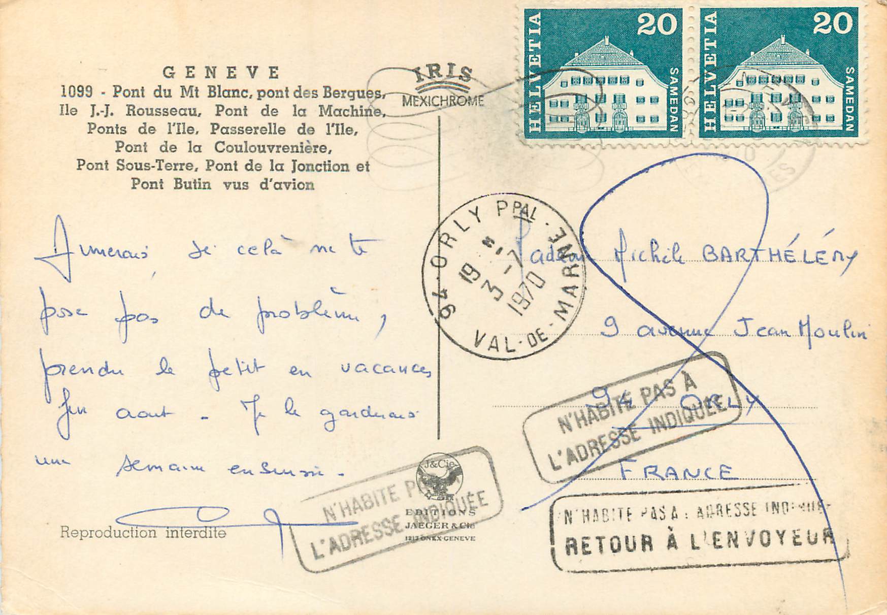 CPM Geneve Pont du Mt Blanc pont des Bergues Ile JJ Rousseau Pont de la Machine  — Verso