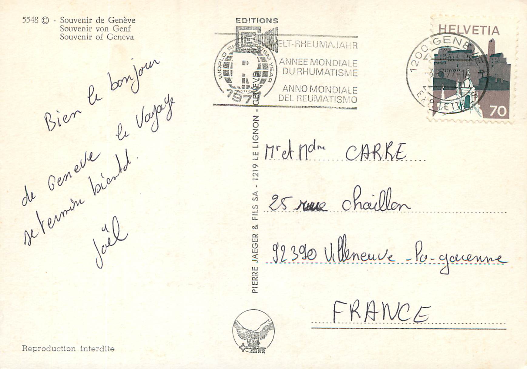 CPM Souvenir de Geneve  — Verso