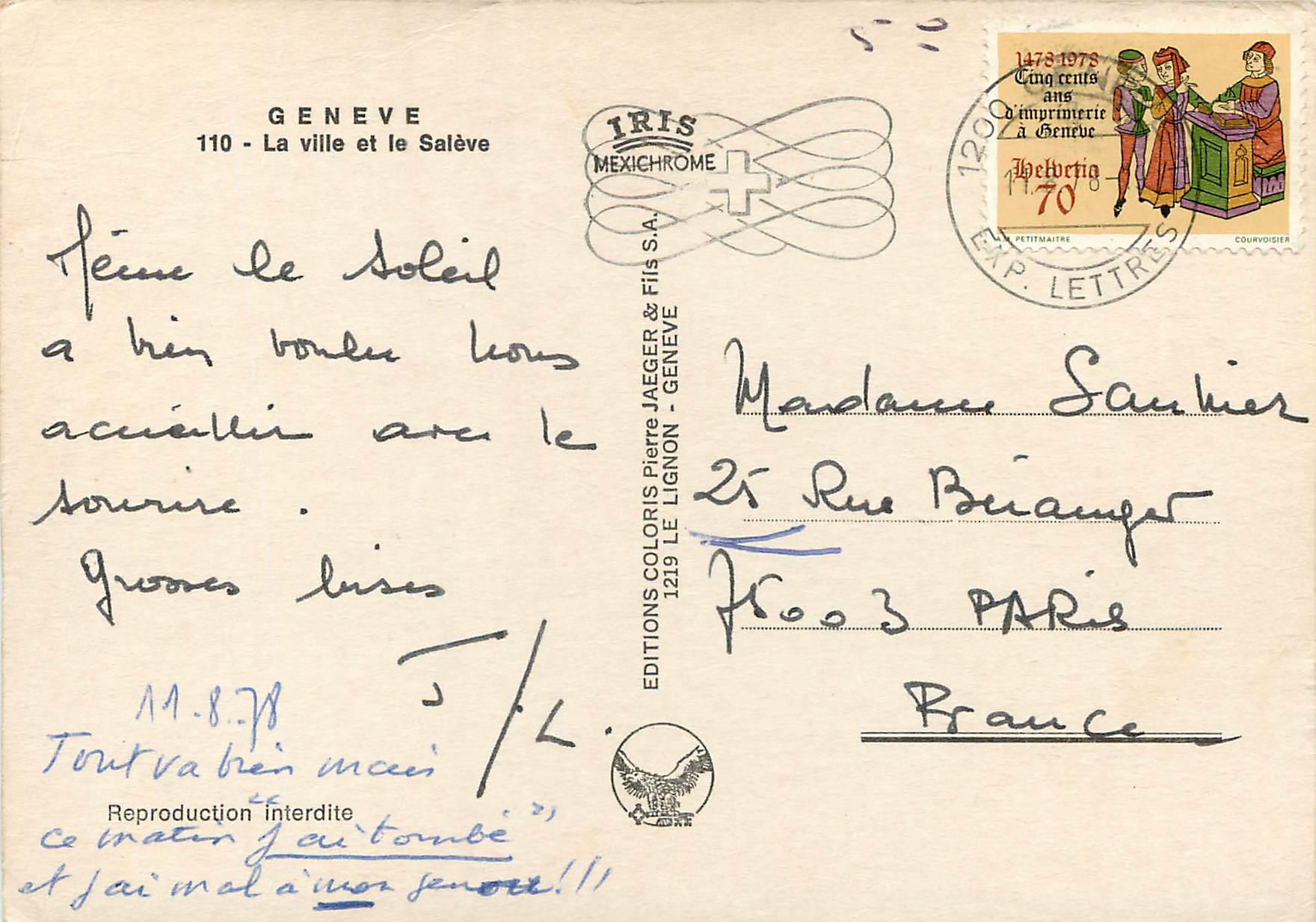 CPM Geneve La ville et le Saleve Cygnes — Verso