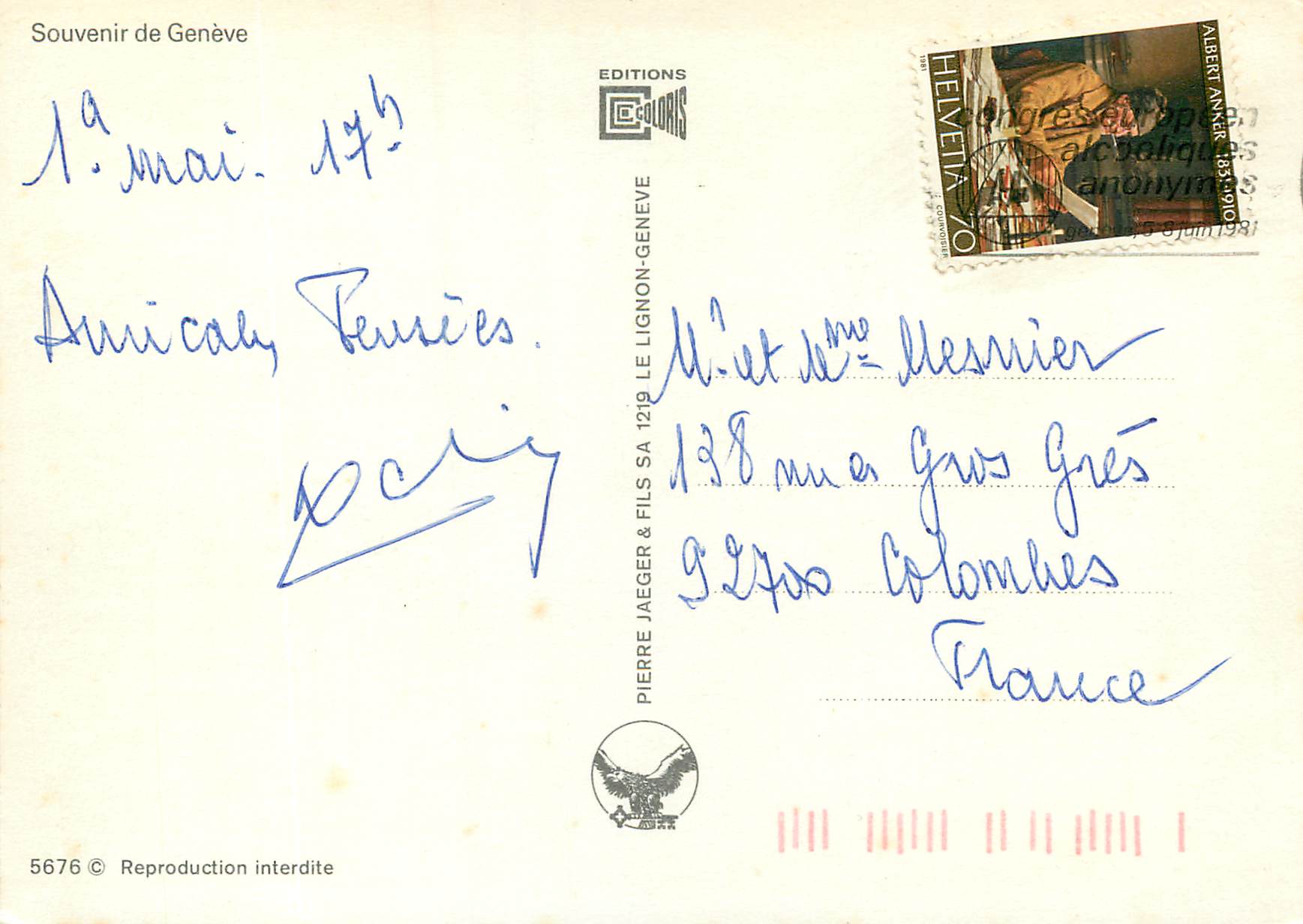 CPM Souvenir de Geneve  — Verso