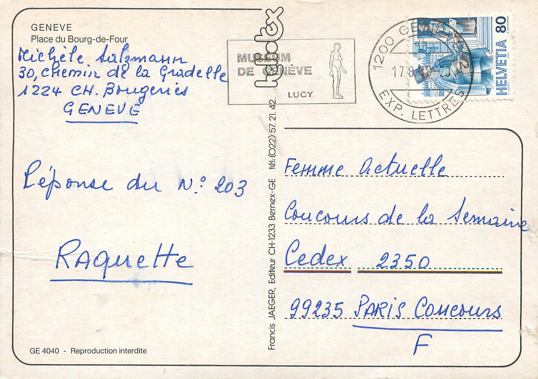CPM Geneve Place du Bourg de Four  — Verso
