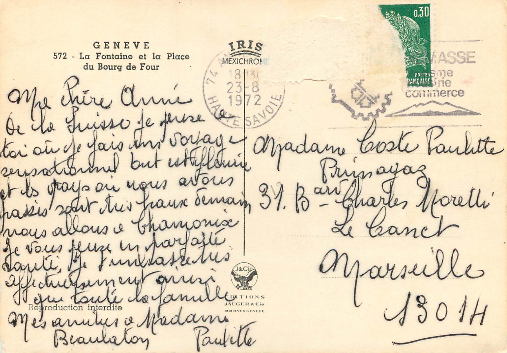 CPM Geneve La fontaine et la Place du Bourg de Four  — Verso