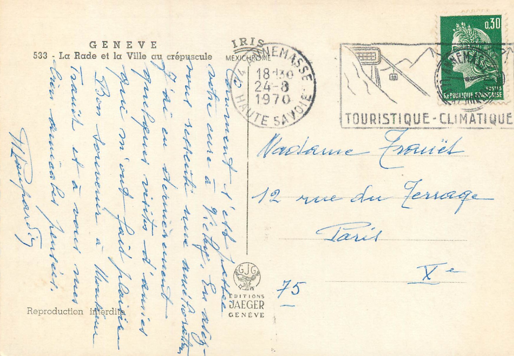 CPM Geneve La Rade et la Ville au crepuscule  — Verso