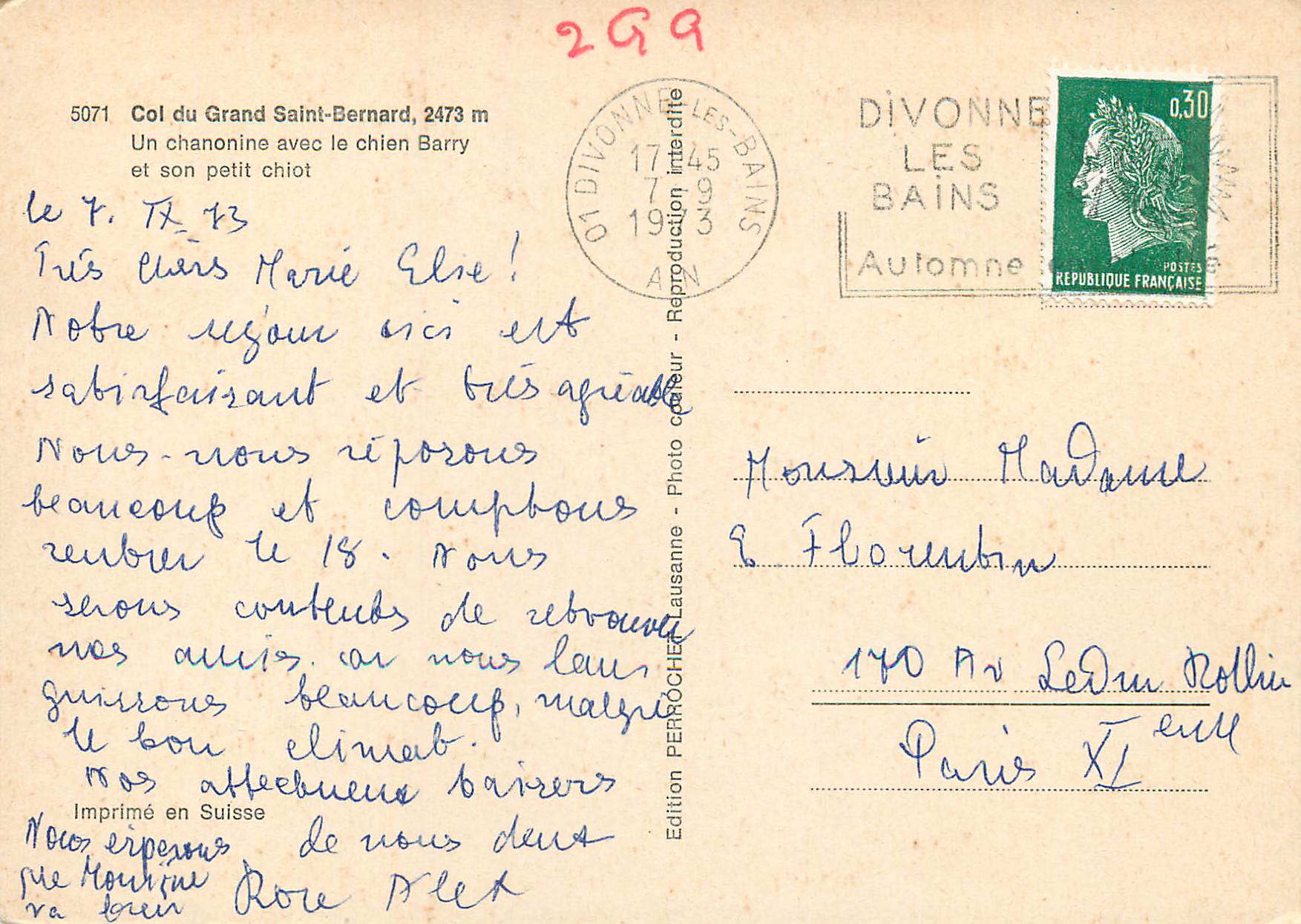 CPM Col du Grand Saint Bernard Un chanonine avec le chien Barry et son petit chiot  — Verso