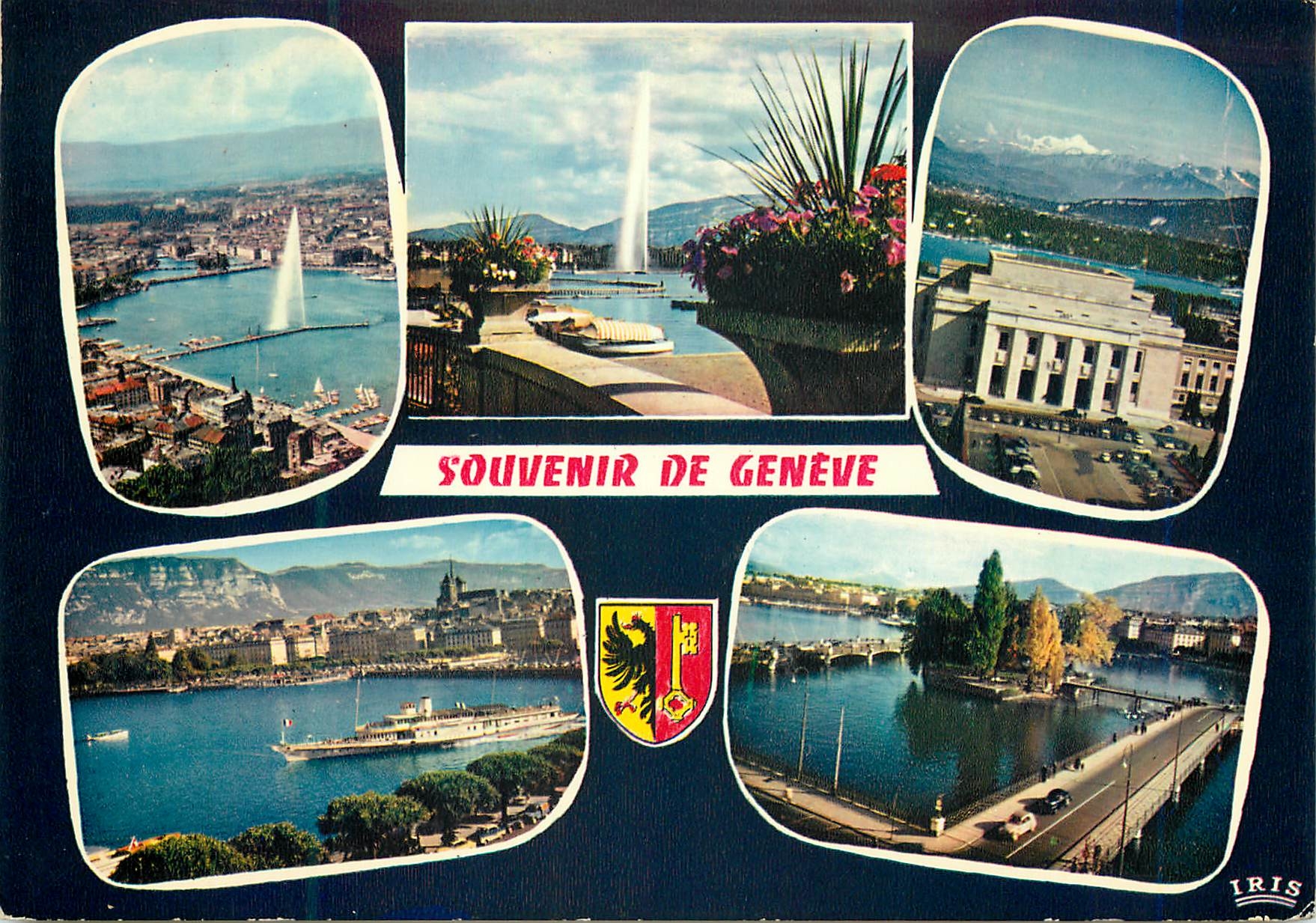 CPM Geneve Vue aerienne Le jet d eau Le palais des nations La Rade L ile JJ Rousseau 