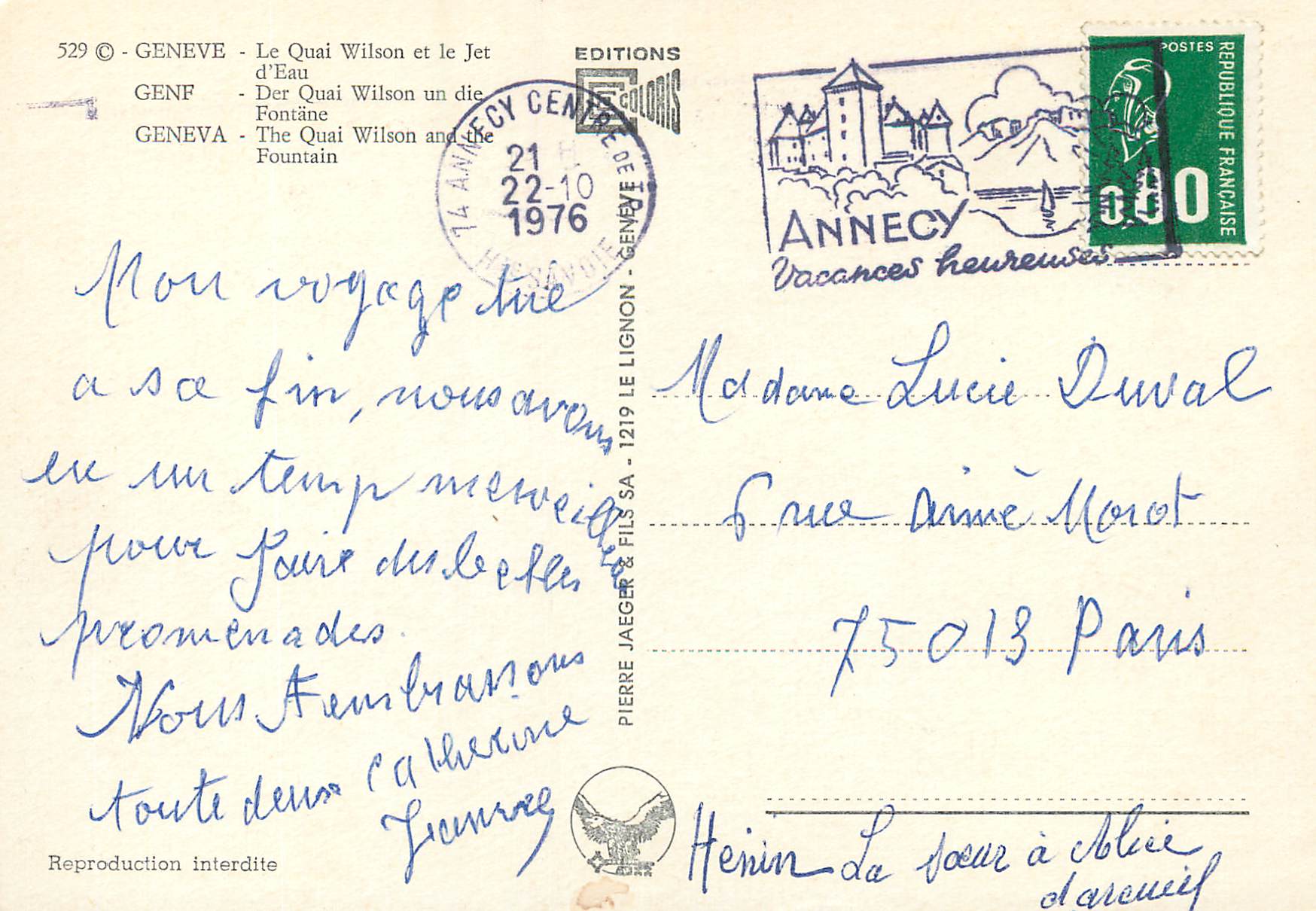 CPM Geneve Le Quai Wilson et le Jet d eau  — Verso