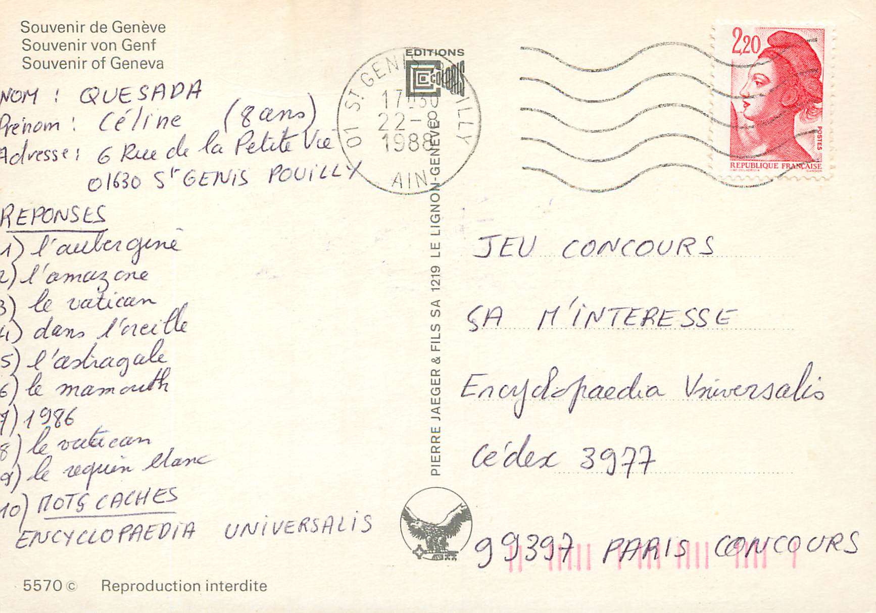 CPM Souvenir de Geneve  — Verso