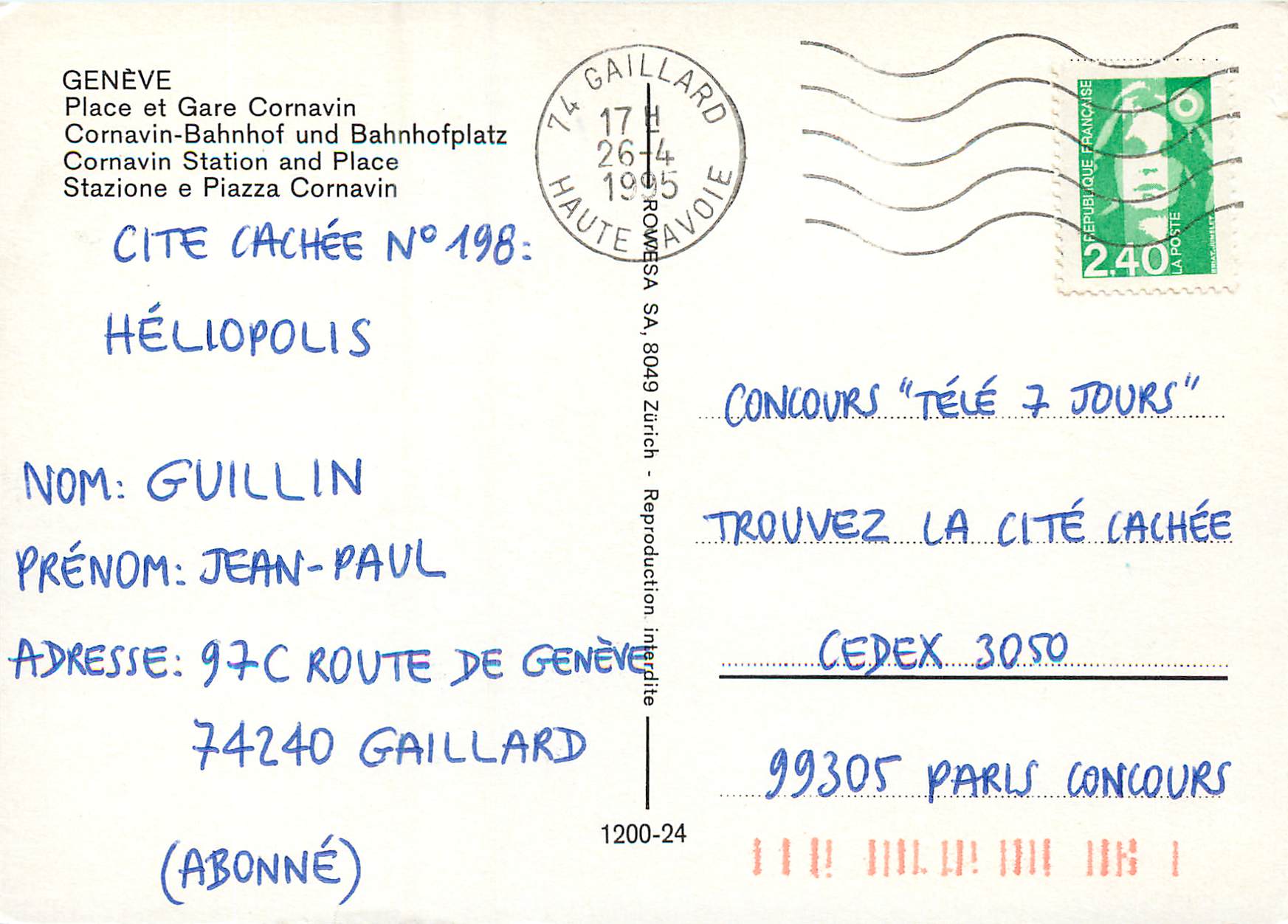 CPM Geneve Place et Gare Cornavin  — Verso