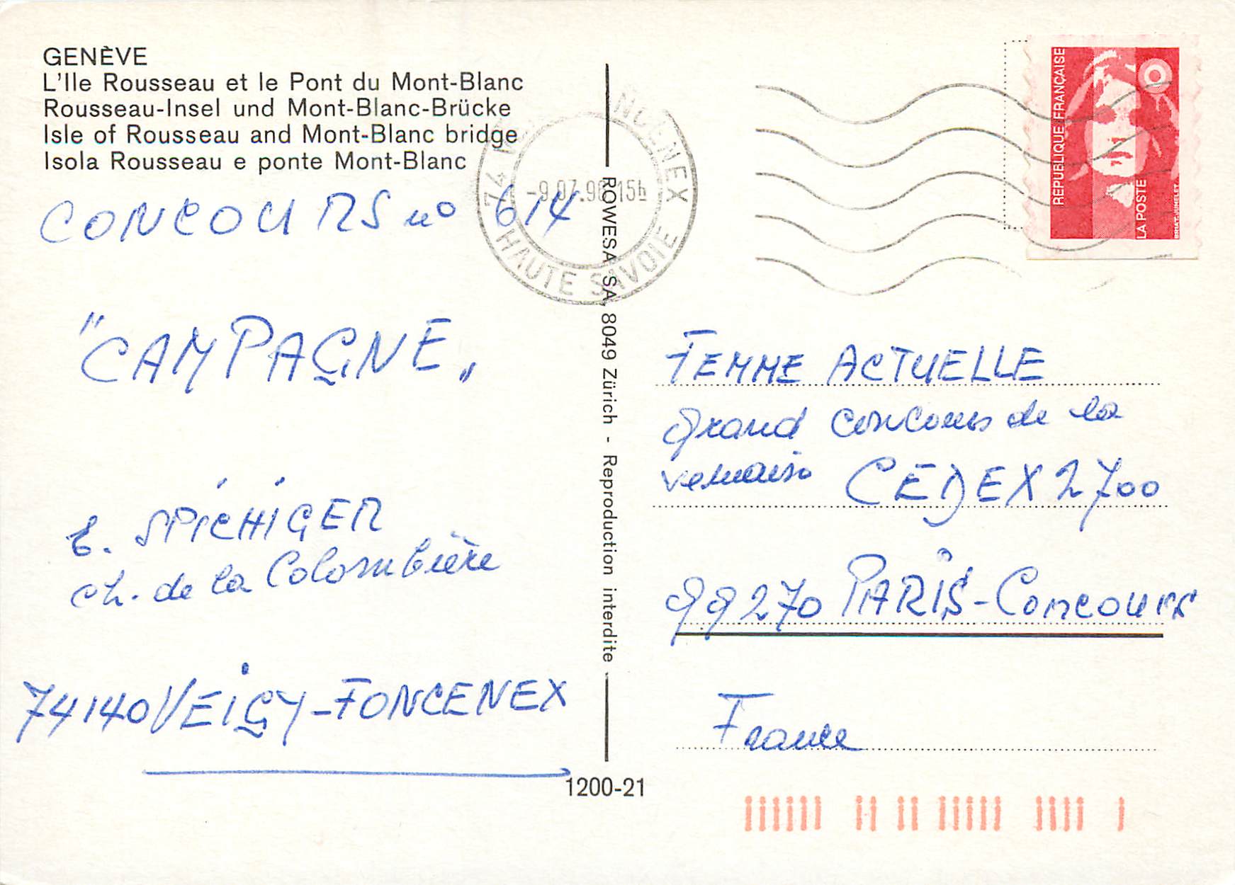 CPM Geneve L ile Rousseau et le Pont du Mont Blanc  — Verso