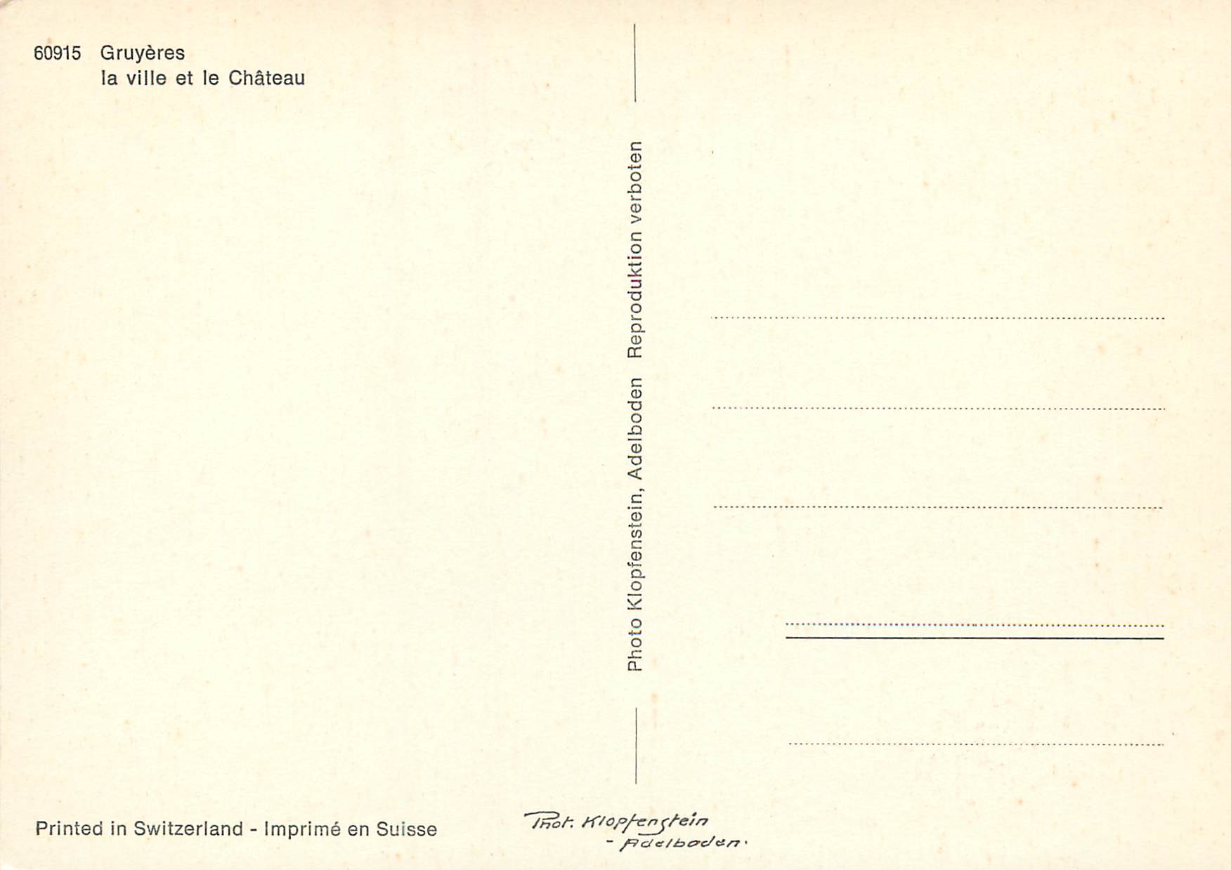 CPM Gruyeres la ville et le chateau  — Verso
