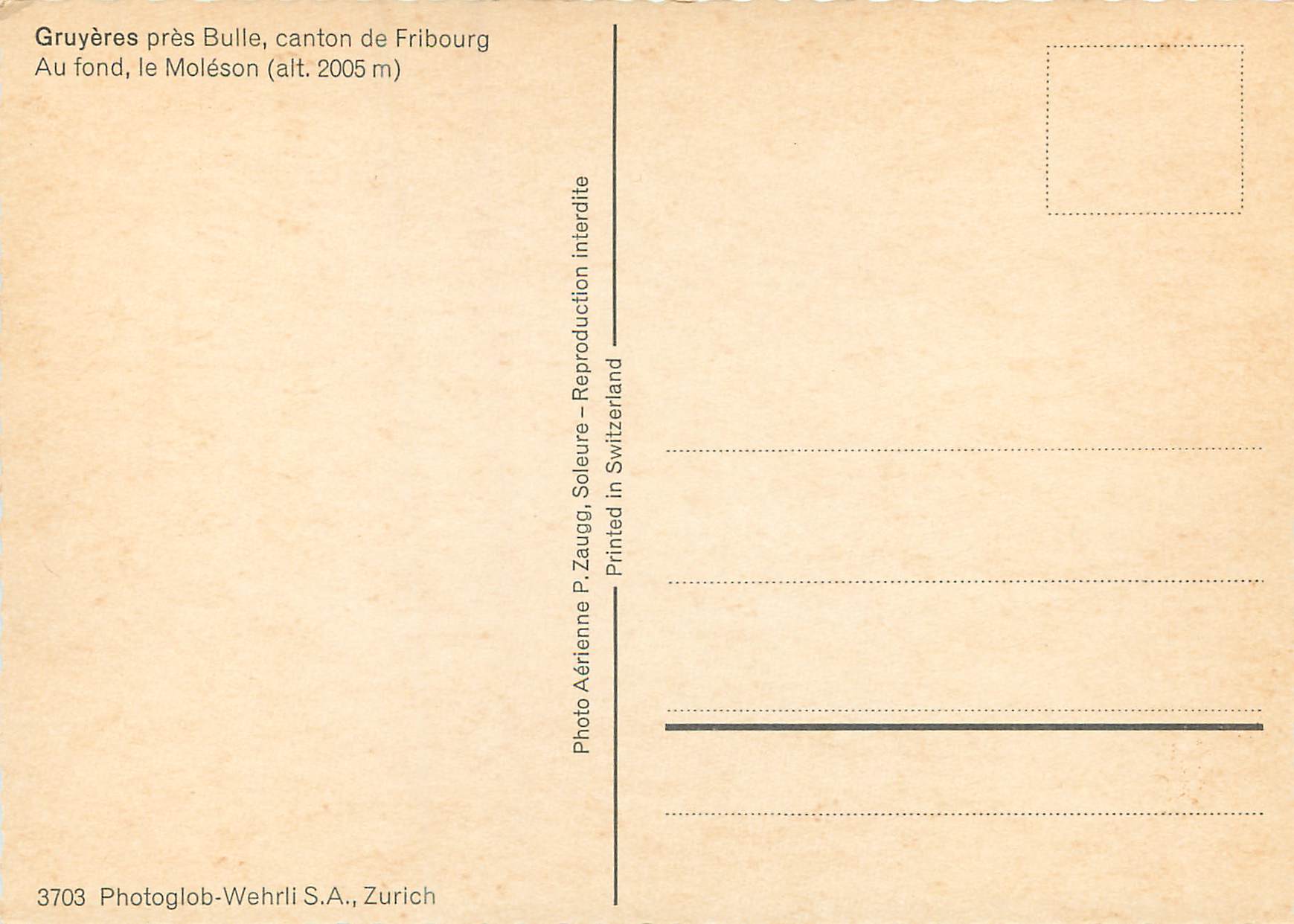 CPM Gruyeres pres Bulle canton de Fribourg Au fond le Moleson  — Verso