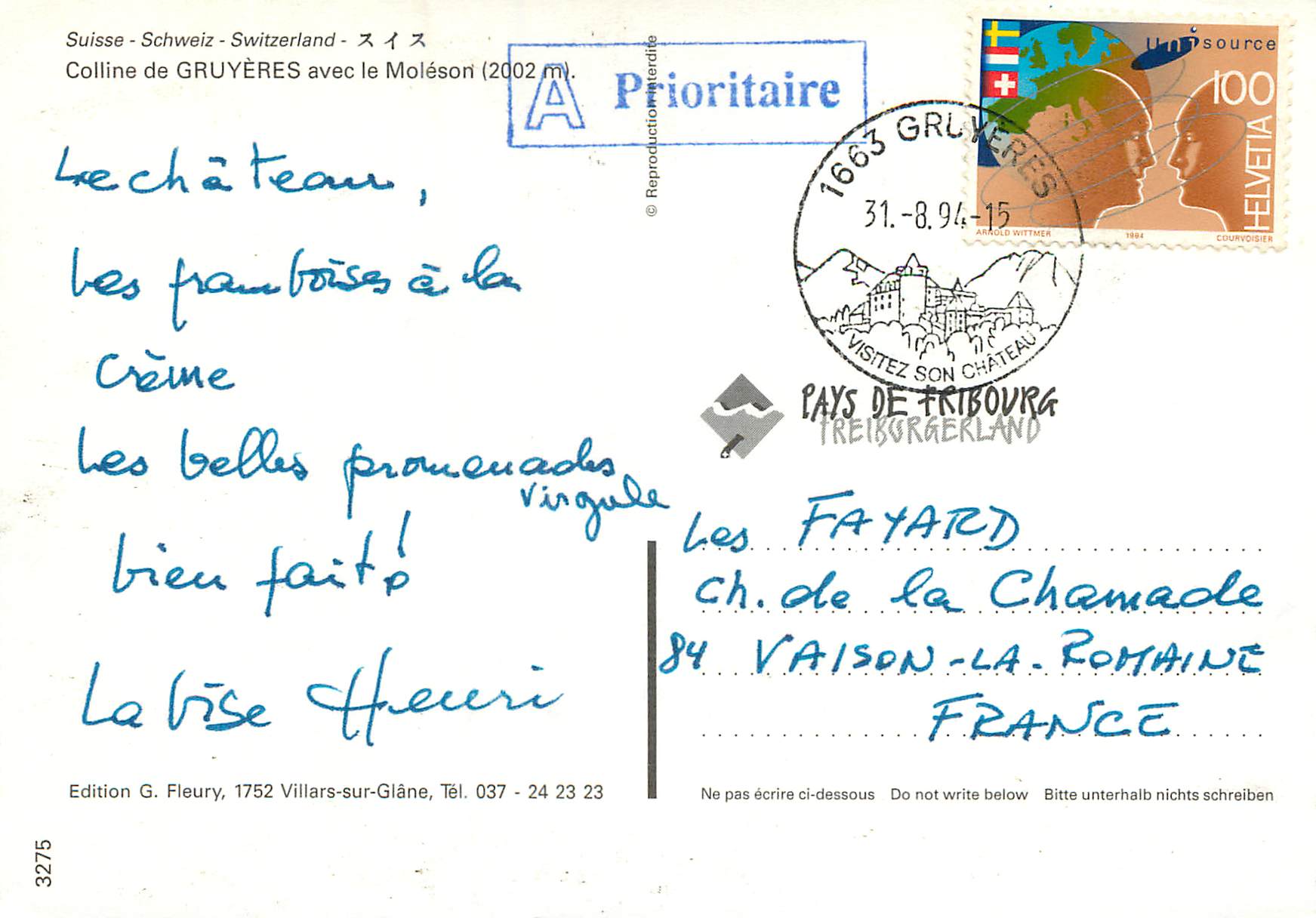 CPM Colline de Gruyere avec le Moleson  — Rückseite