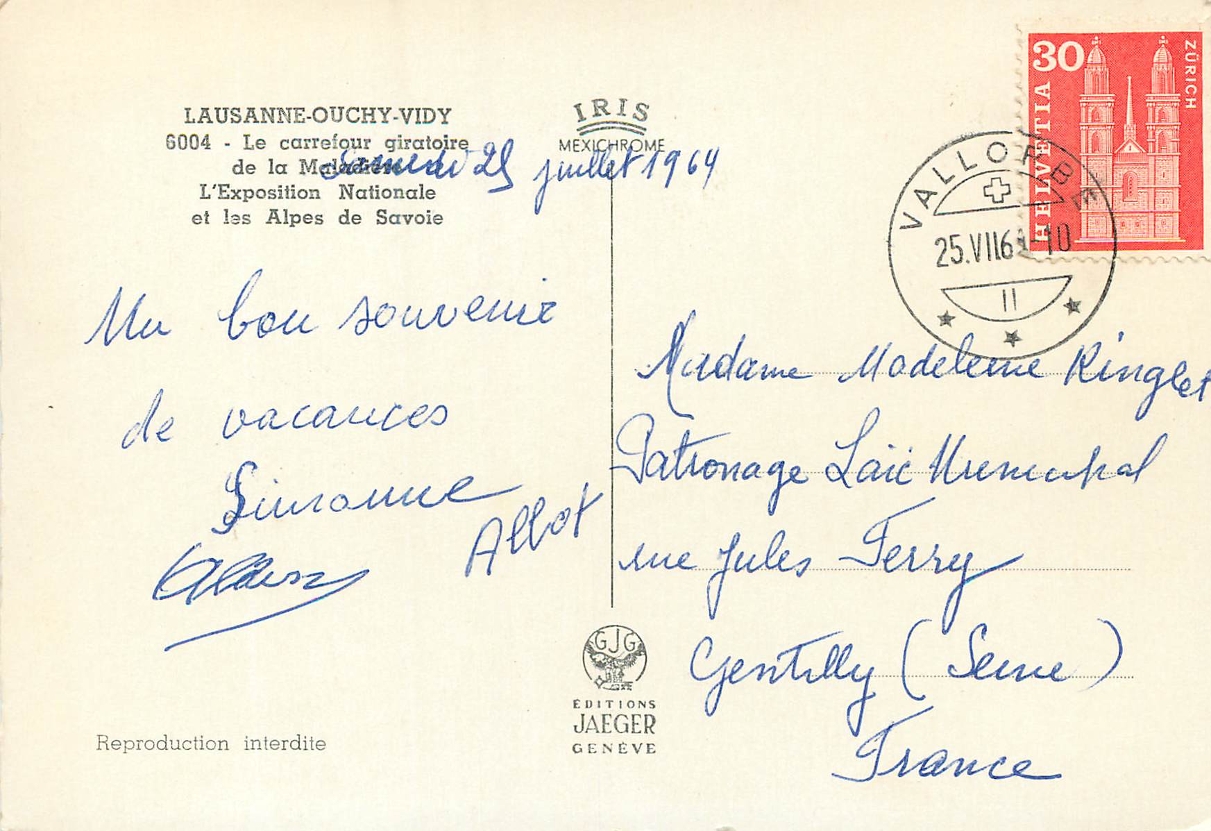 CPM Lausanne Ouchy Vidy Le carrefour giratoire L'exposition nationale et les Alpes de Savoie — Rückseite