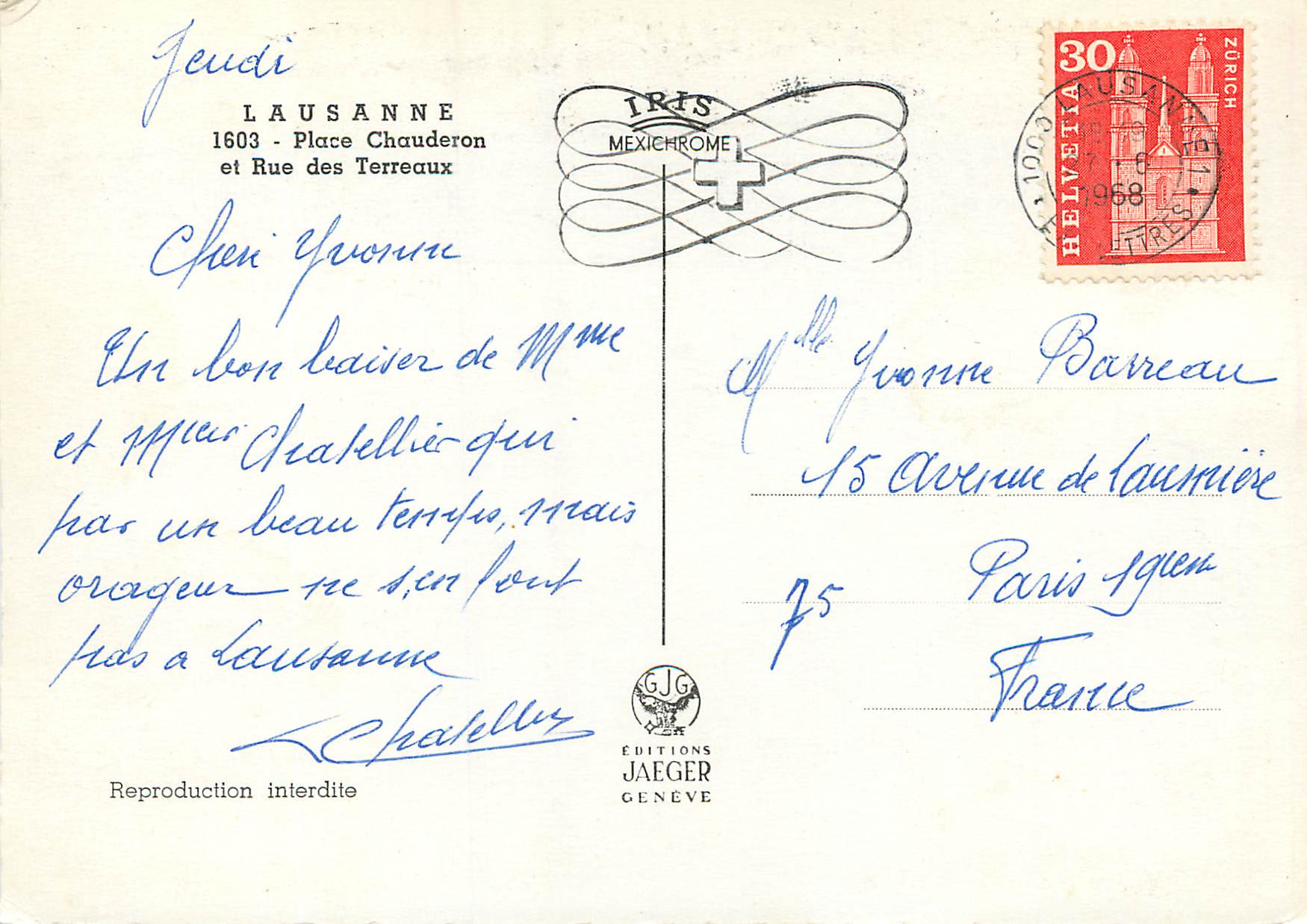 CPM Lausanne Place Chauderon et rue des Terreaux Autobus — Verso