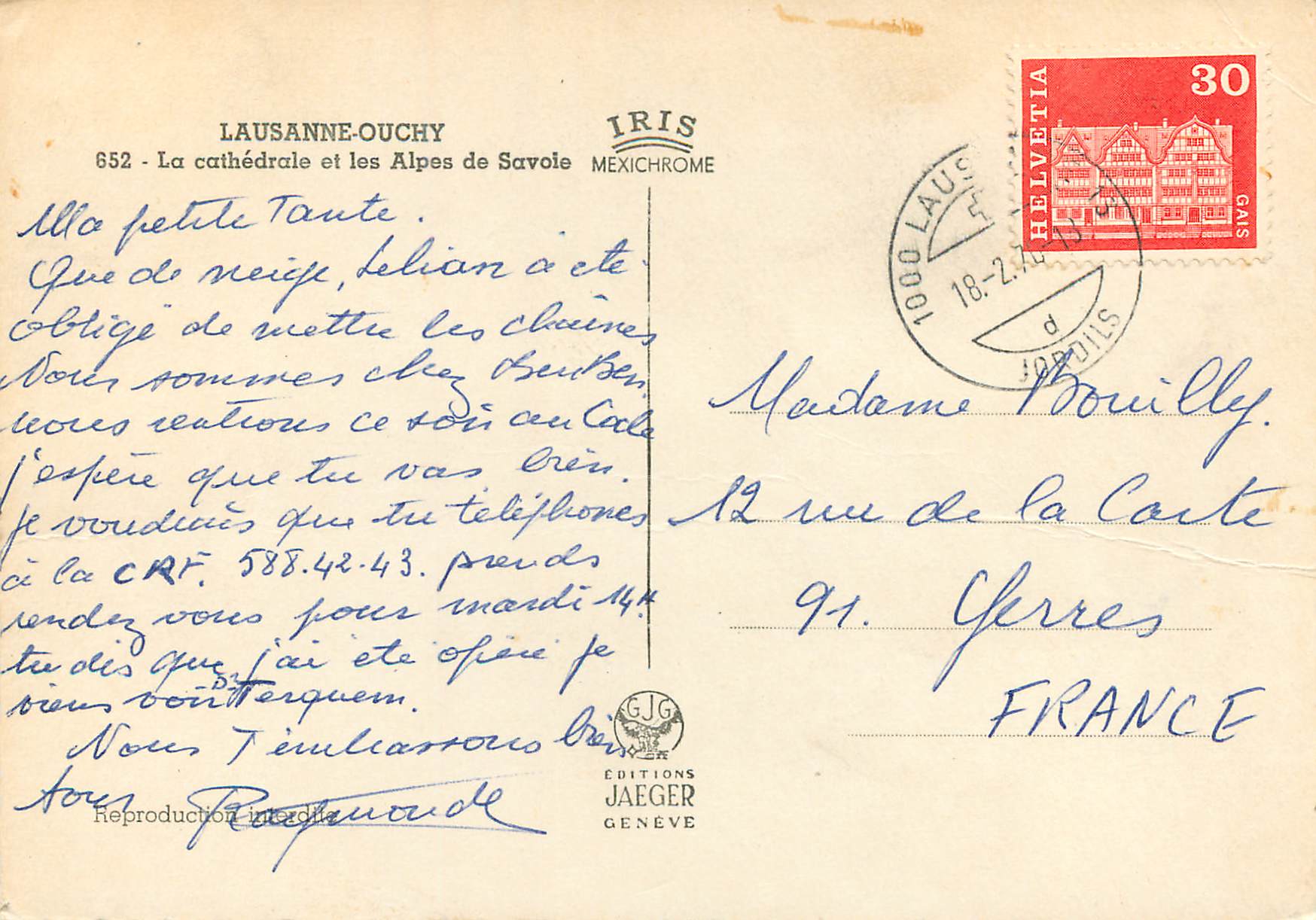 Lausanne-Ouchy — La cathédrale et les Alpes de Savoie — Éditions Jaeger, n° 652 — Rückseite