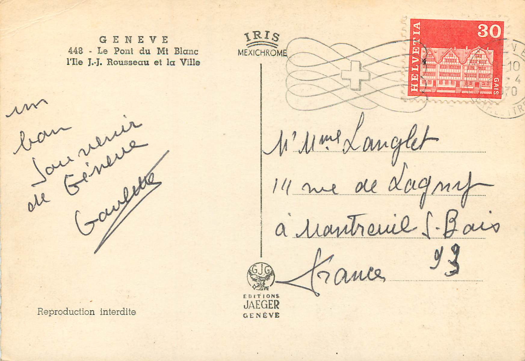 CPM Lausanne Le Pont du Mt Blanc L ile JJ Rousseau et la ville  — Rückseite