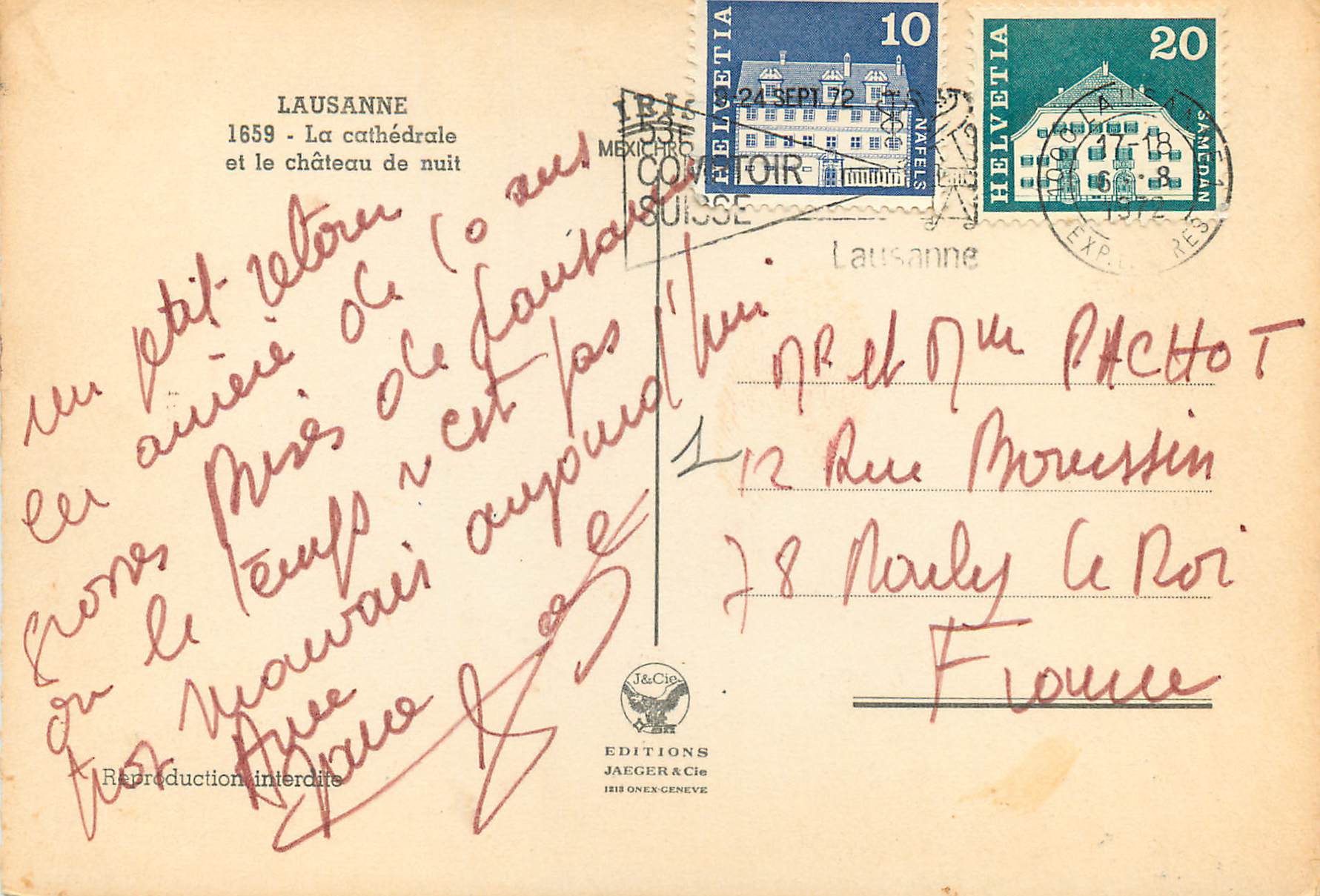 CPM Lausanne La cathedrale et le chateau de nuit  — Rückseite