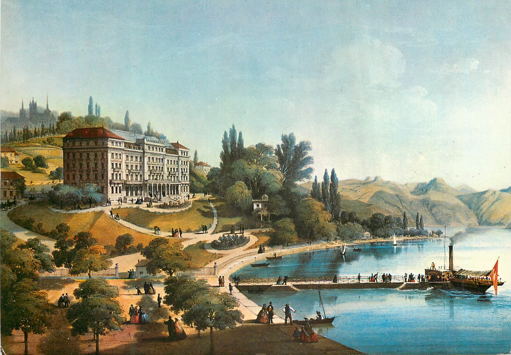 CPM Lausanne Ouchy Le port et l Hotel Beau Rivage d apres une gravure ancienne Bateau