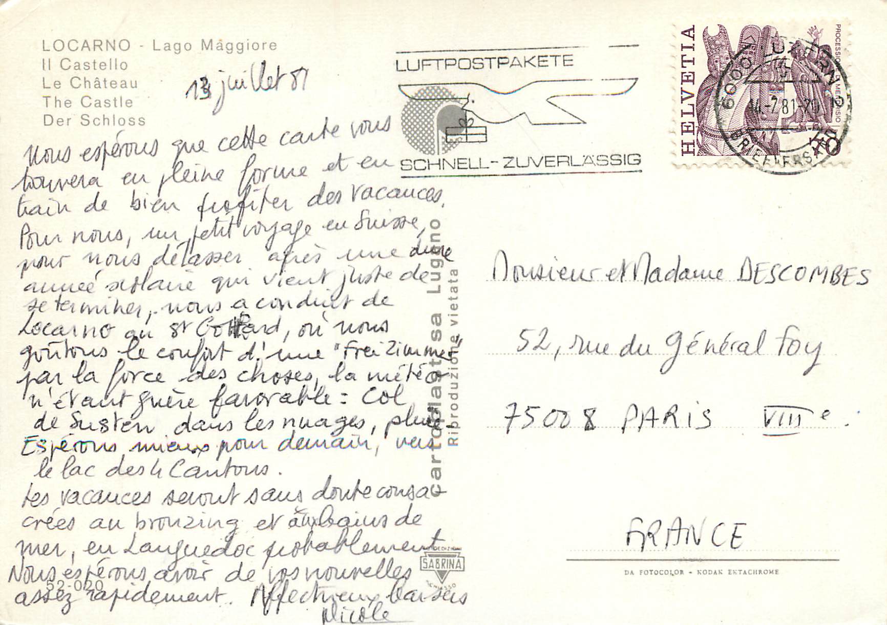 CPM Locarno Lago Maggiore Le chateau  — Verso