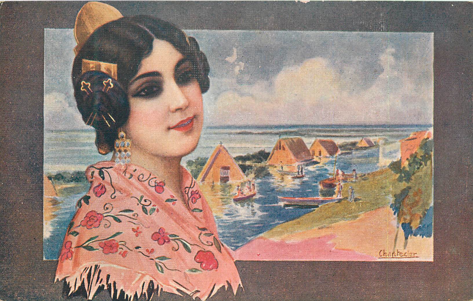 Femme en tenue orientale — paysage côtier avec maisons sur pilotis — Chantecler