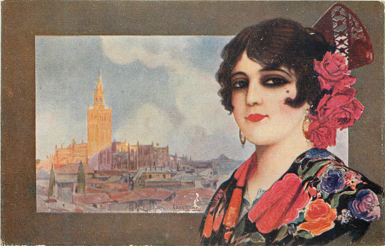 Mujer en traje andaluz — vista de Sevilla — Chantecier