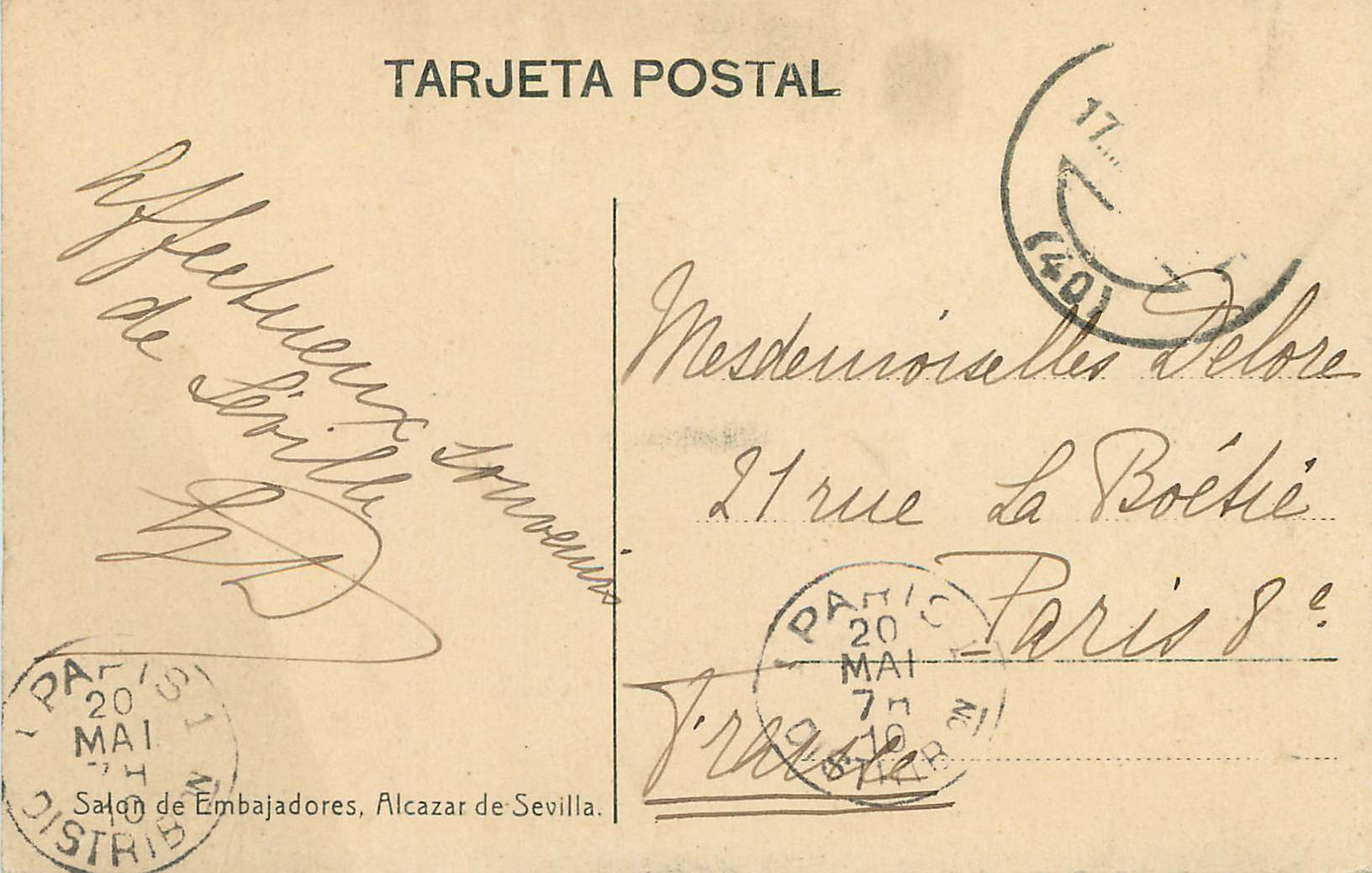 CPA Salon de Embajadores Alcazar de Sevilla  — Rückseite