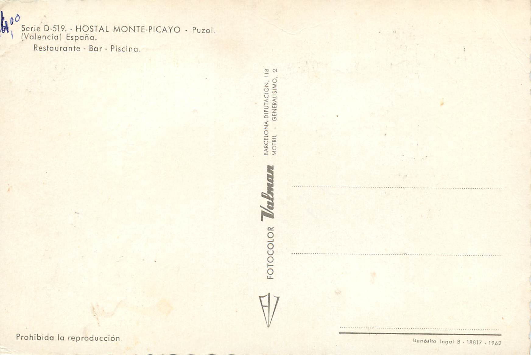 CPM Hostal Monte Picayo Puzol Valencia Espana  — Rückseite