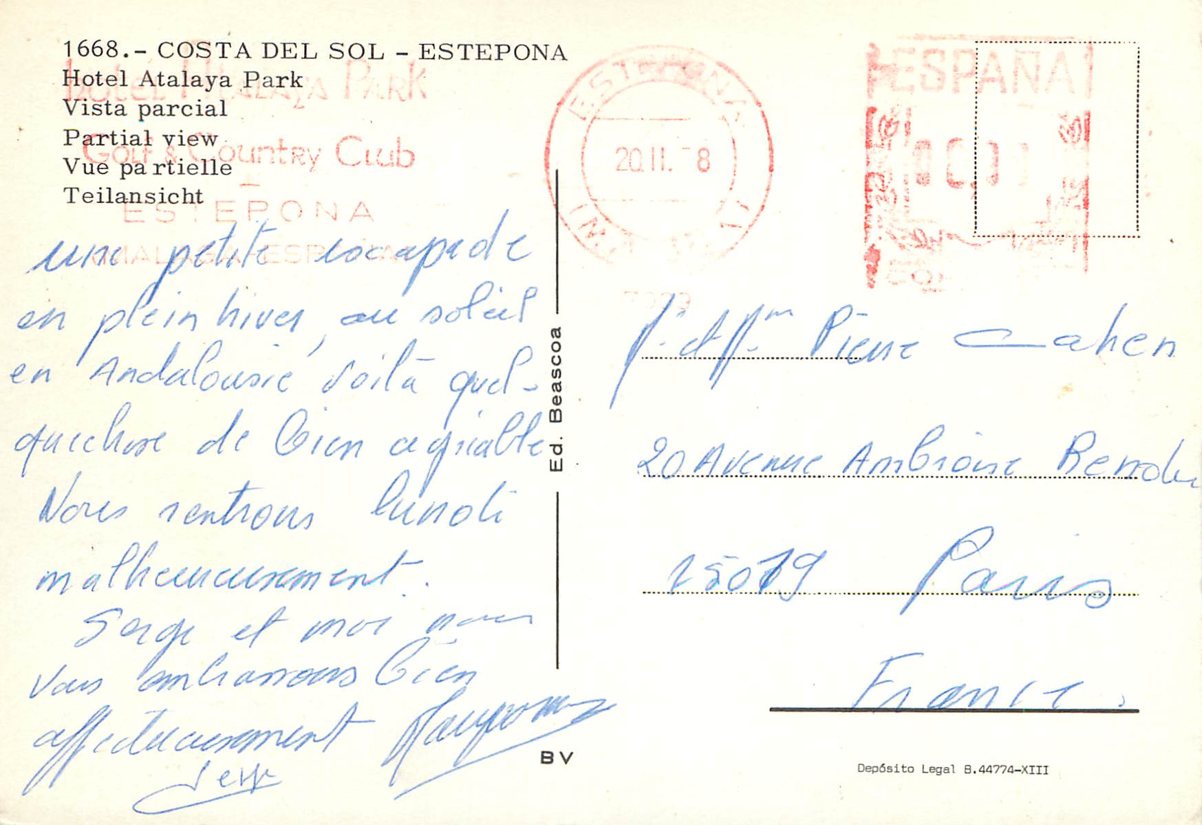 CPM Costa del Sol Vue partielle Estepona Hotel Atalaya Park — Back
