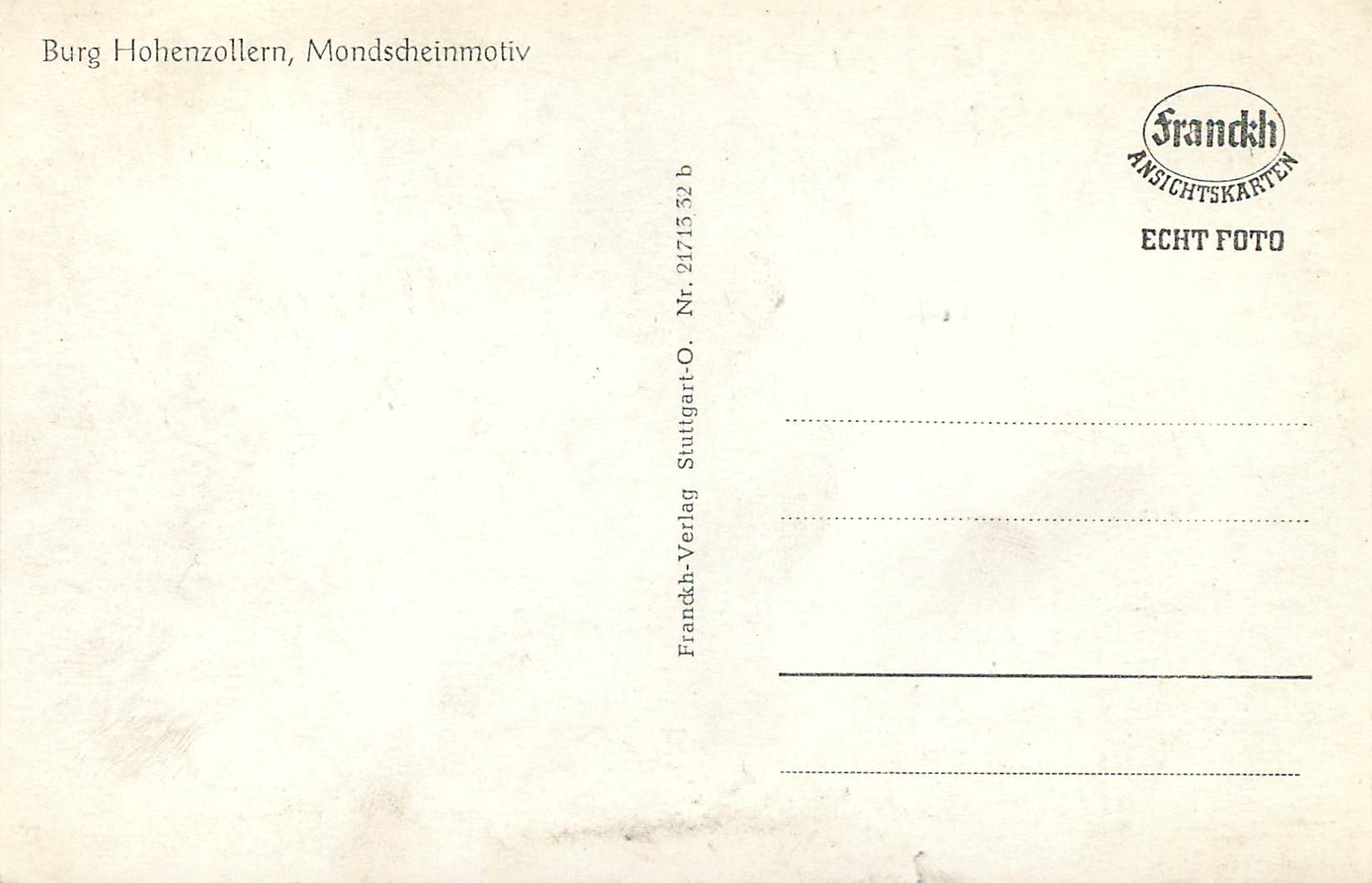 CPM Burg Hohenzollern Mondscheinmotiv  — Rückseite
