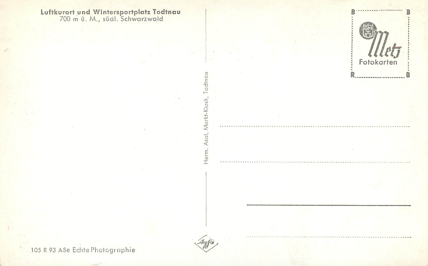 CPM Luftkurort und Wintersportplatz Todtnau Schwarzwald  — Rückseite