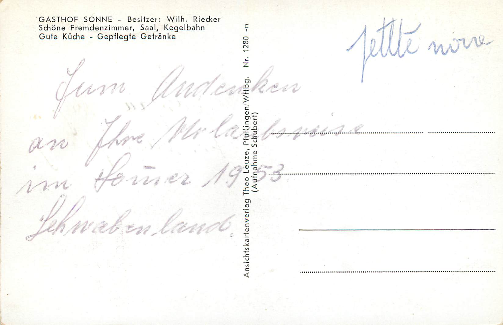 Gasthof Sonne — Löchhaus Wittig — Ansichtskarte Nr. 1280 — Verso
