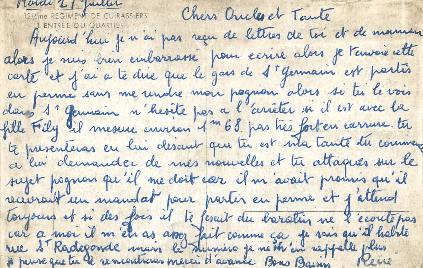 CPM Regiment de Cuirassiers L entree du quartier Militaria — Rückseite