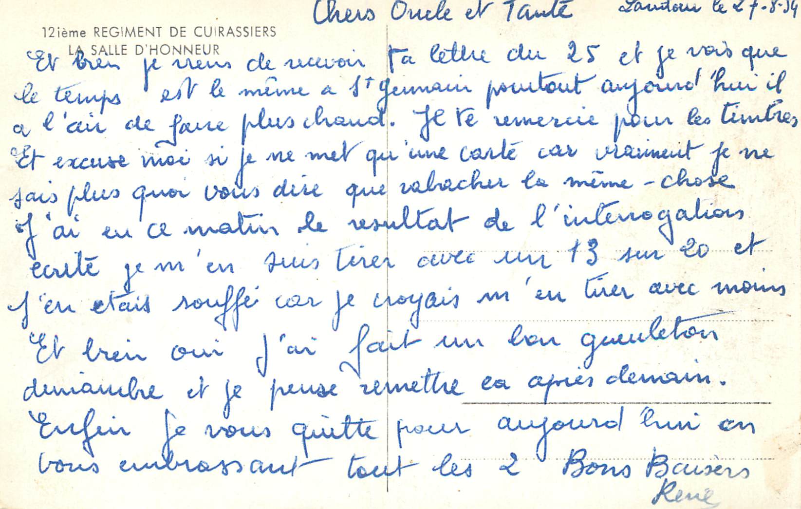 Salle d'honneur — 12ème Régiment de Cuirassiers — éditeur inconnu, n° de série non visible — Rückseite