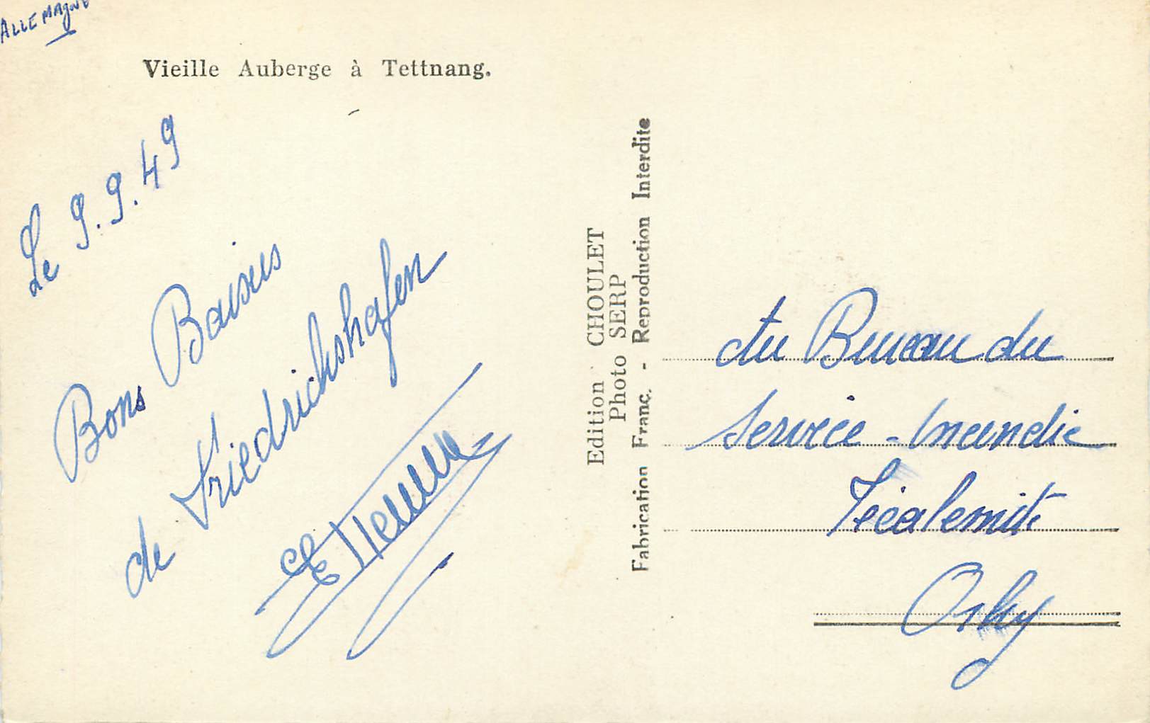 CPM Vieille Auberge a Tettnang  — Rückseite