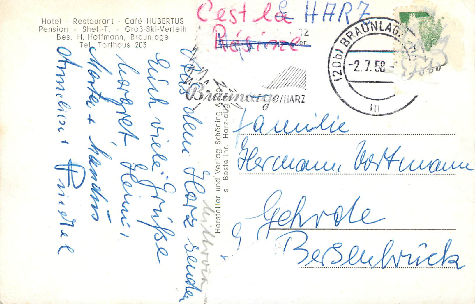CPM Hotel Restaurant Cafe Hubertus Pension Shell T Gross Ski Verleih  — Rückseite