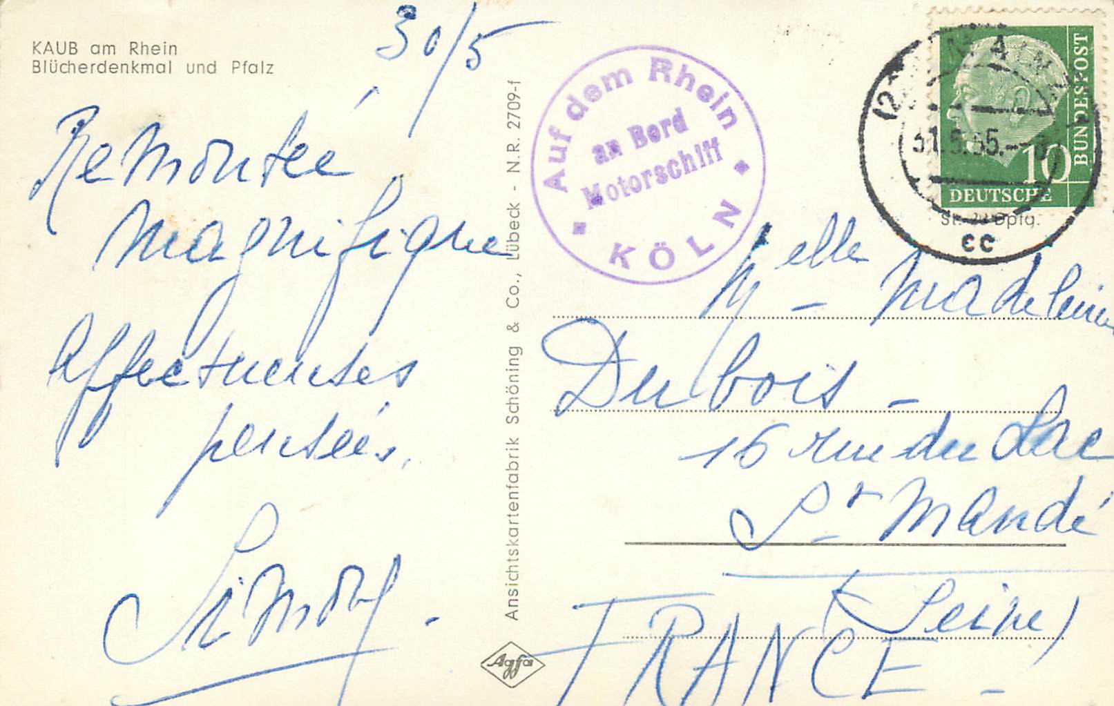 CPM Kaub am Rhein Blucherdenkmal und Pfalz  — Rückseite