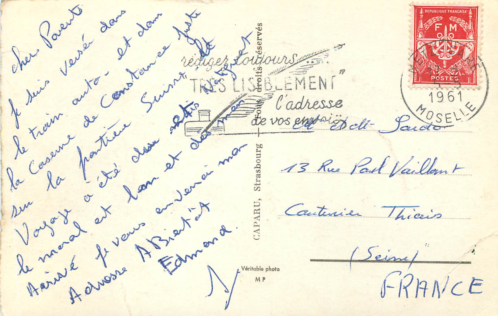 CPM Service Social des Forces Franchises en Allemagne Trevs Spire Neustadt Landau Militaria — Rückseite